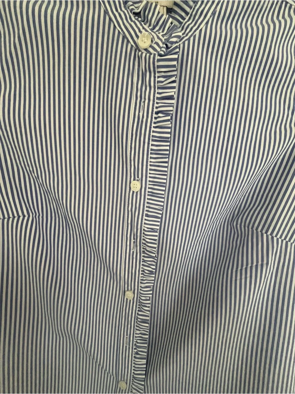 J. Crew women rufflecneck button up blue and white striped cotton. Size XS - Picture 4 of 6